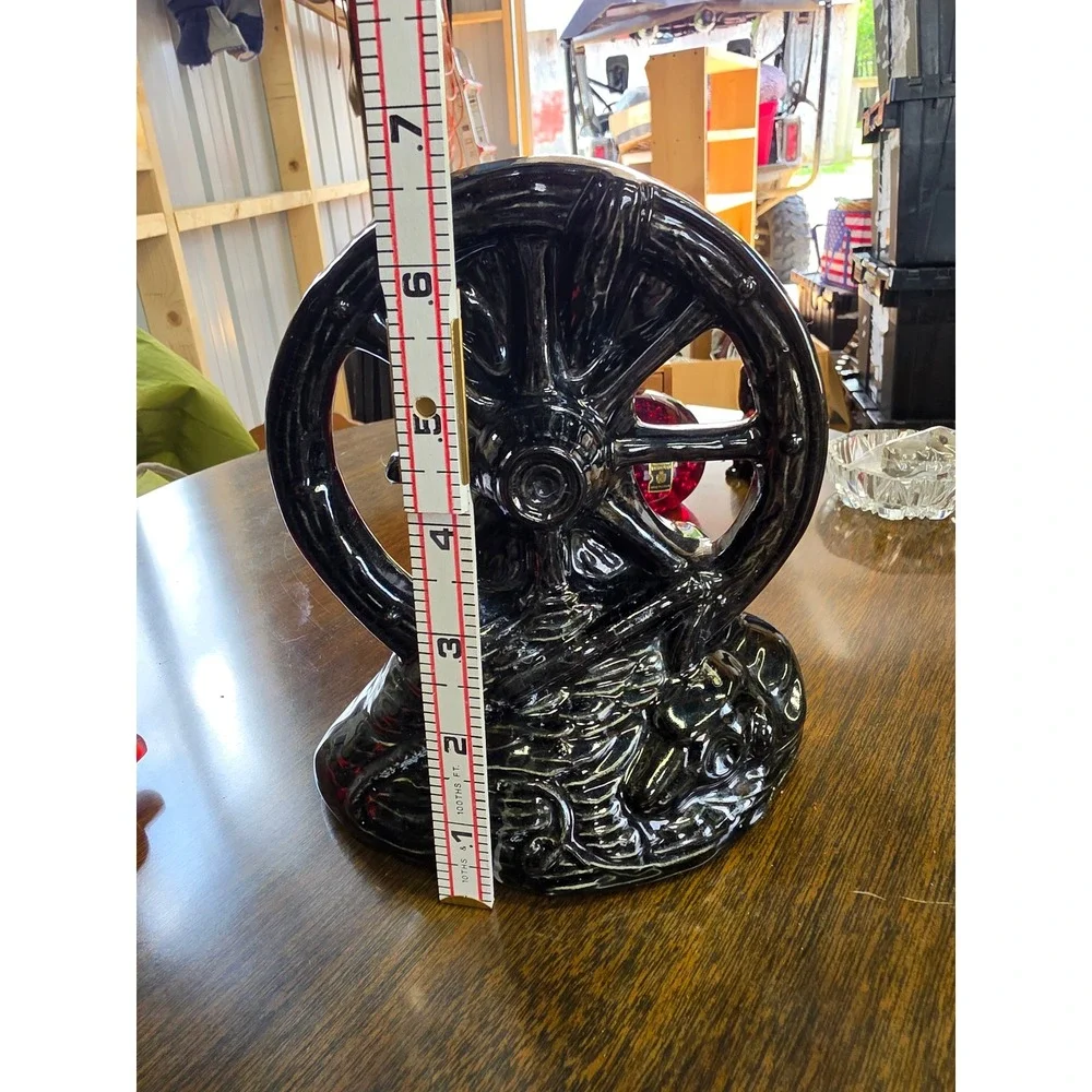 Vintage Black Ceramic Wagon Wheel Planter Vase Western Farmhouse Decor 7 Inch